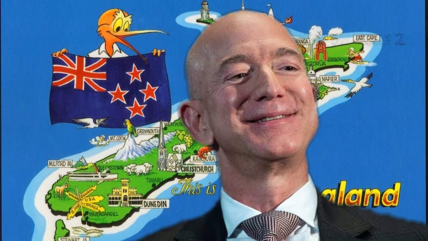 Amazon boss Jeff Bezos and a map of New Zealand