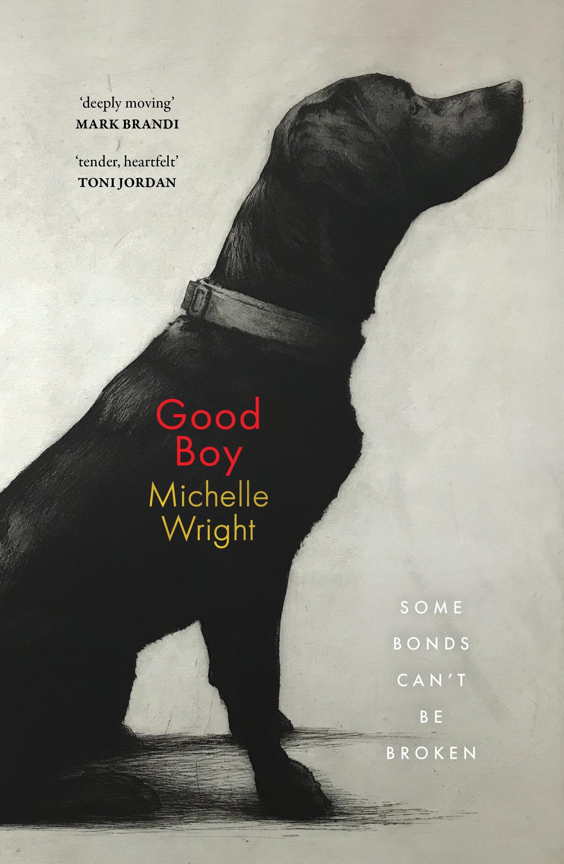 Εξώφυλλο του Good Boy από τη Michelle Wright, που δείχνει μια πλάγια όψη ενός μαύρου σκύλου, που φοράει κολάρο, που κάθεται υπάκουα.