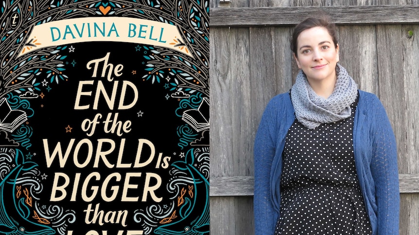 Author Davina Bell, next to the cover of her book The End of the World is Bigger Than Love