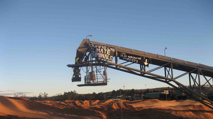 Protesters at the Gunns woodchip mill, Triabunna, Tasmania.