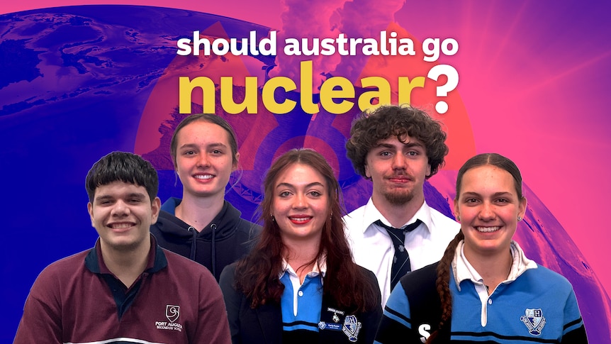 Collage of 5 High school students in different uniforms in front of the planet Earth overlaid with a nuclear symbol.