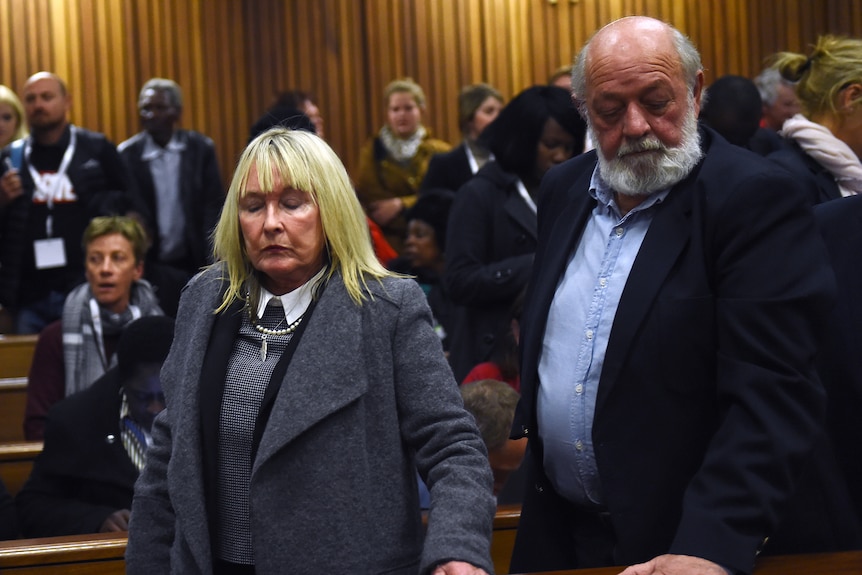 June and Barry Steenkamp react after the sentence hearing of Oscar Pistorius