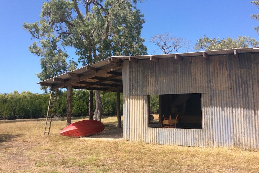 A tin shed with a red kayak out front, on the banks of Halifax Bay