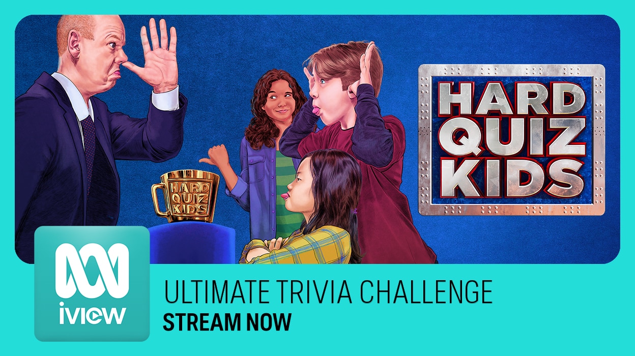 Three kids make faces at a surprised host beside a trophy and the Hard Quiz Kids logo reading Ultimate Trivia Challenge