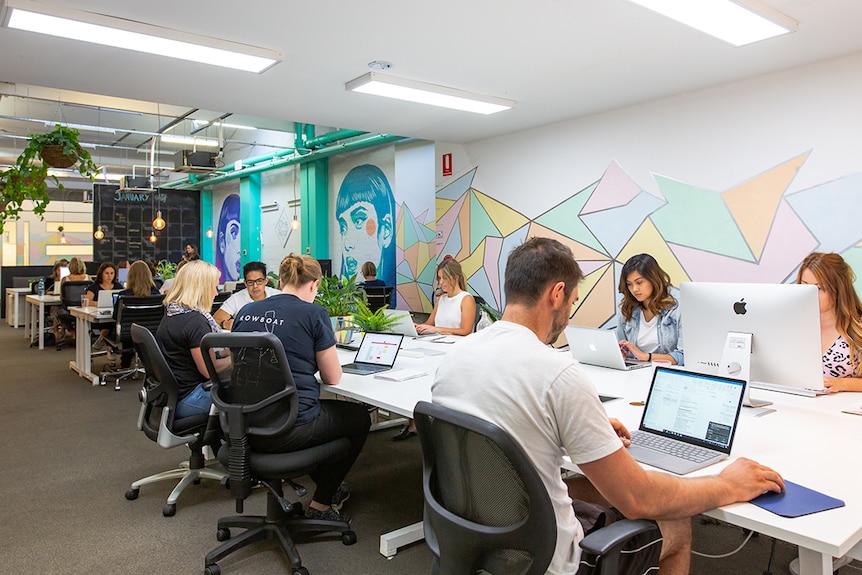 Women and men sit at computers around a large communal table. Colourful art is painted on the wall.