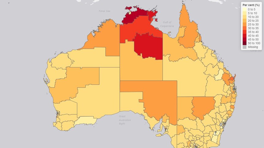 A colour-coded map of Australia showing levels of employment stress