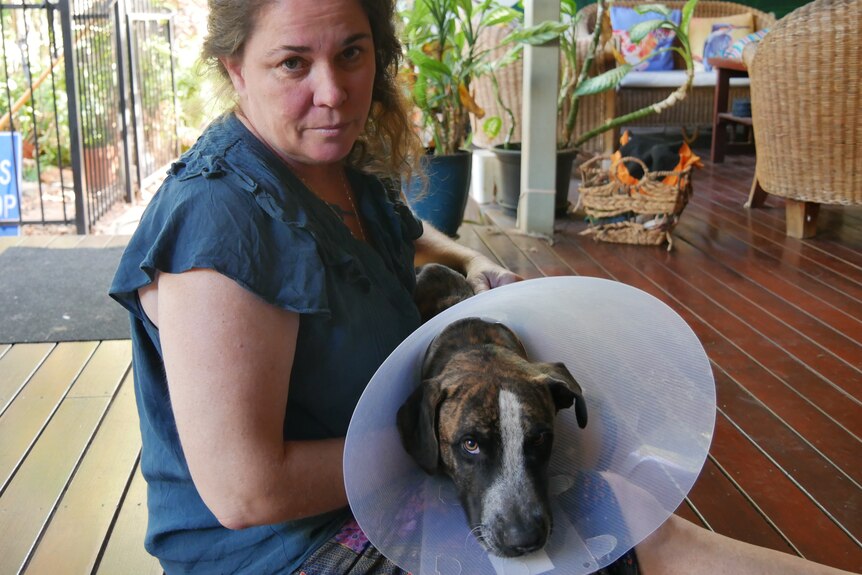 Woman in green dress next to dog on floor with cone on neck after surgery
