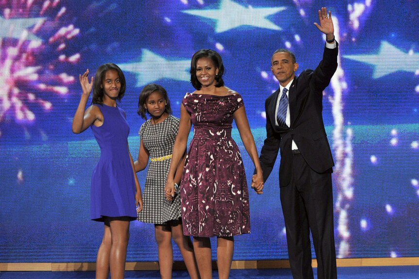 Obama family on stage at Democratic National Convention