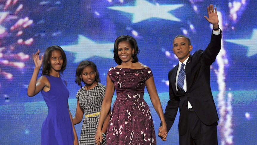 Obama family on stage at Democratic National Convention