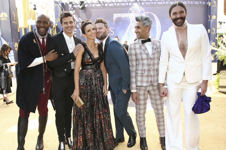 The Queer Eye cast and Tina Fey on the red carpet.