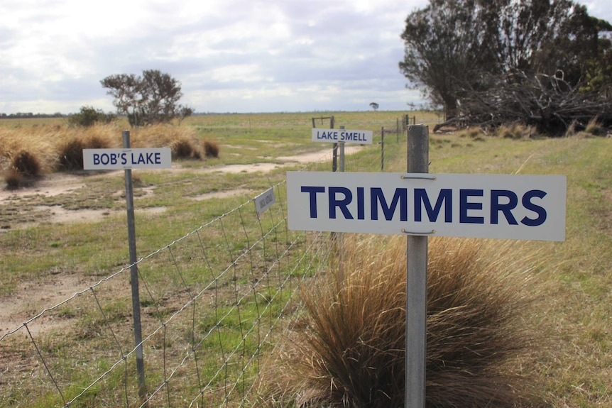 A farm paddock with three metal signs staked into the ground.
