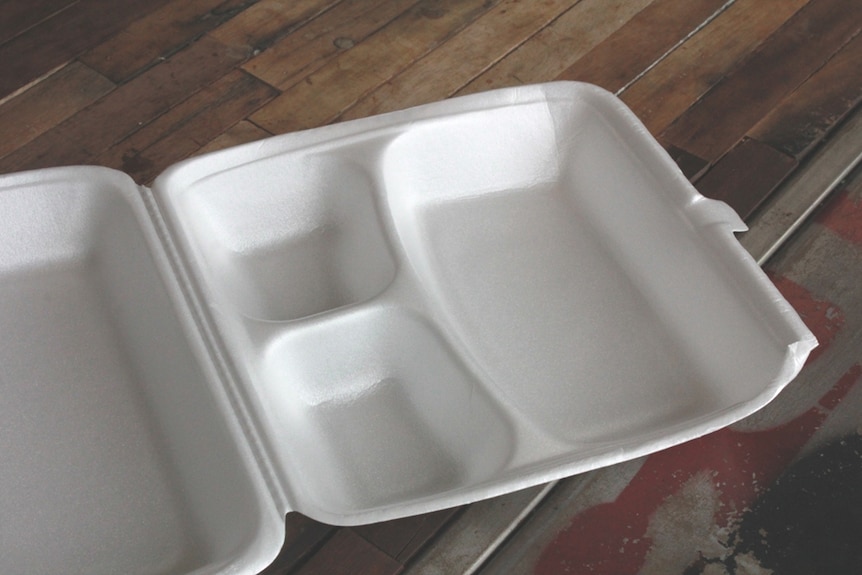 A polystyrene meal container.