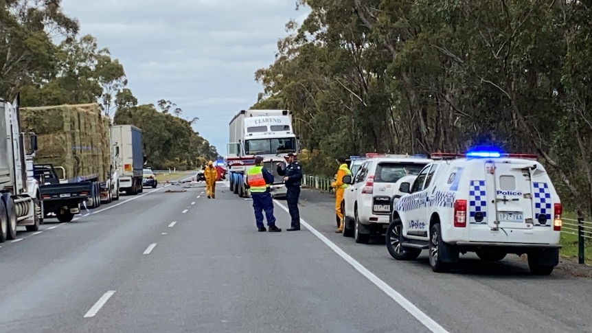 Farm trucks and emergency vehicles line a highway near a fatal crash site.