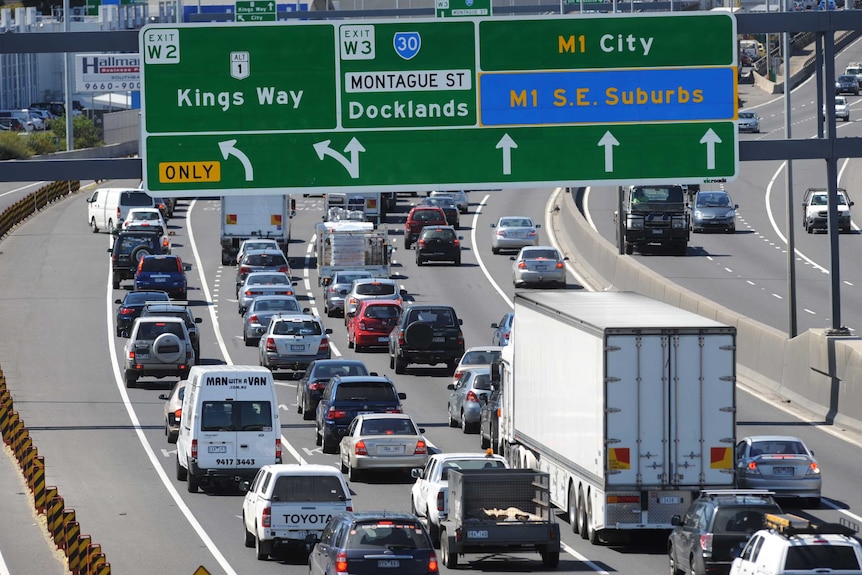 Gridlocked traffic waits to exit the Westgate Freeway at the Citylink approach in Melbourne.