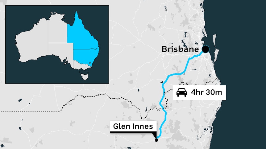 A map showing that it takes 4 hours and 30 minutes to drive from Brisbane to Glen Innes in northern NSW.