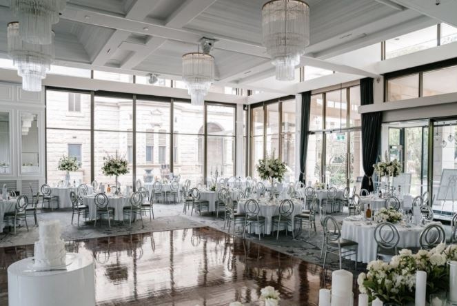 The interior of a wedding venue with decorated tables, chandeliers, dancefloor and cake.