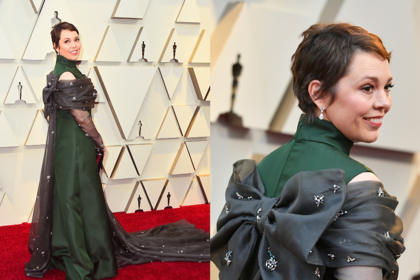 Olivia Colman wears a green satin gown with a brown bow on the back at the Oscars.