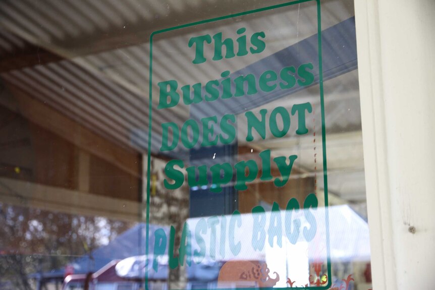 Sign on a store window that says "this business does not supply plastic bags" in green type.