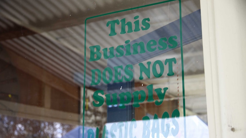 Sign on a store window that says "this business does not supply plastic bags" in green type.