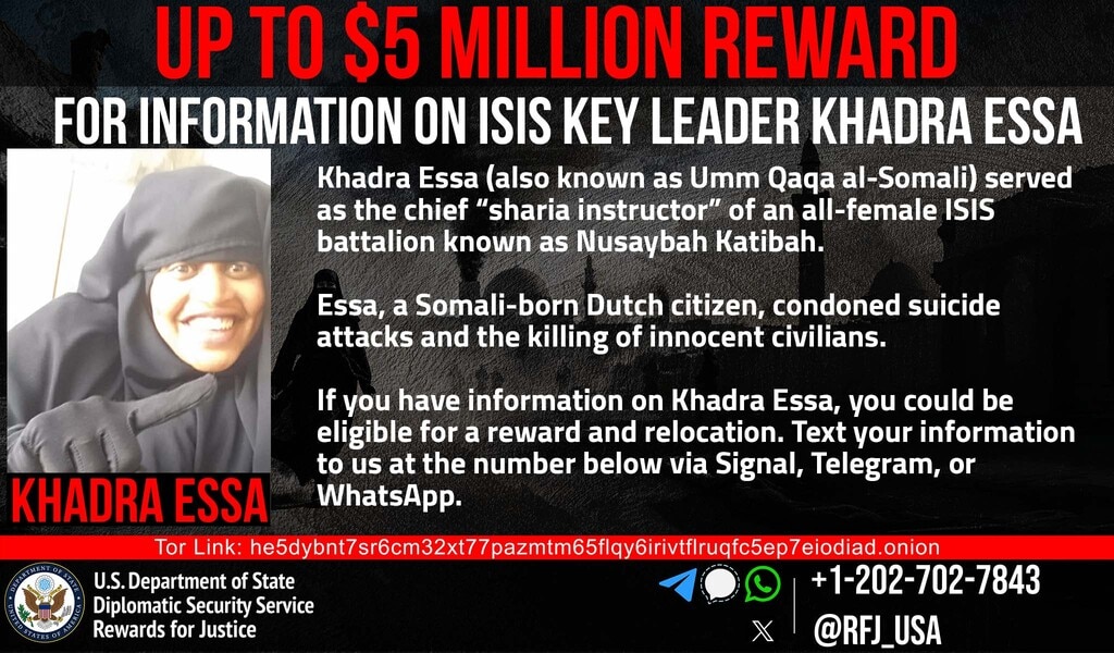 A wanted flyer with an image of a woman and text on where to contact the US State Department