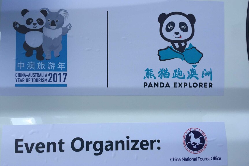 Stickers on the side of the campervan read: Chine-Australia year of tourism 2017, Panda Explorer