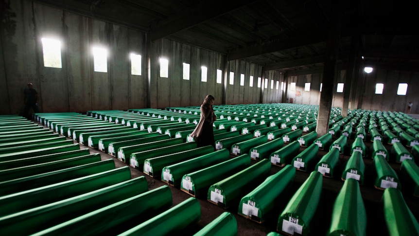 A Bosnian Muslim woman searches coffins in Potocari, near Srebrenica July 9, 2011.