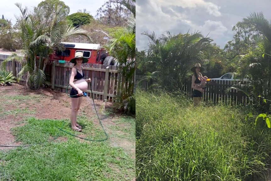 A before and after photo of a woman with no grass and long grass.