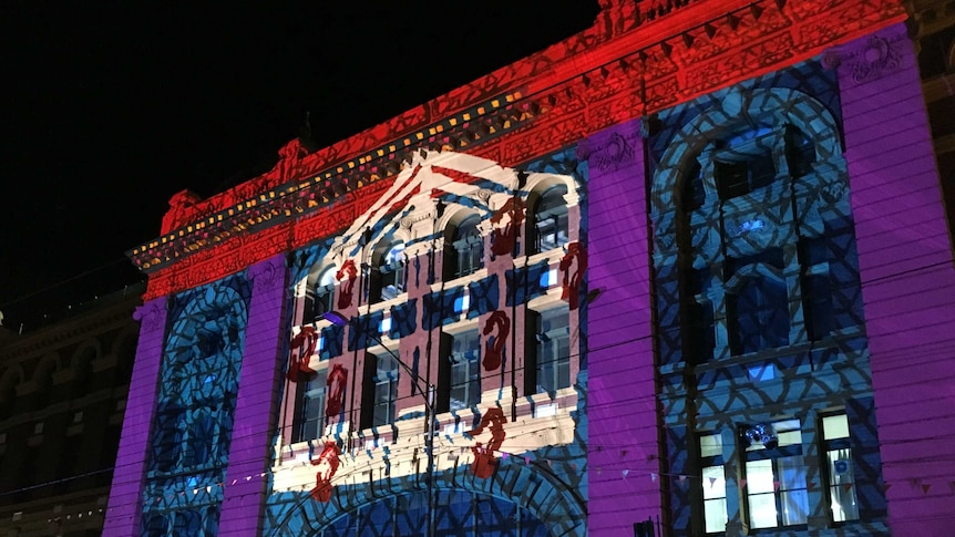 Light show on historic building in Melbourne