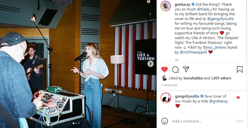 Gretta Ray's Instagram post about Like A Version, with a positive comment from Gang of Youths