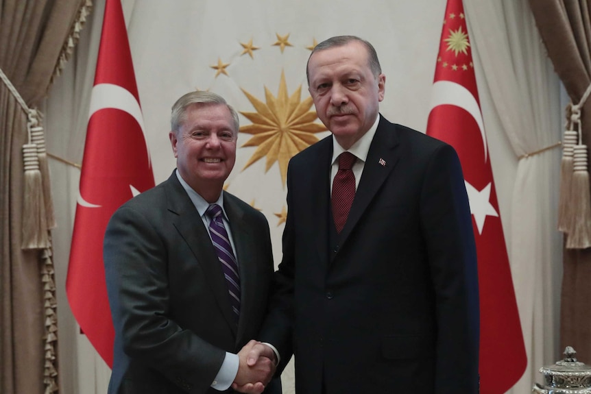 In front of two Turkish flags, US Senator Lindsey Graham and Turkish President Recep Tayyip Erdogan shake hands.