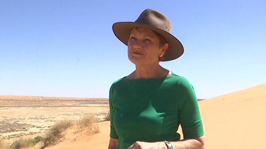 Pauline Hanson squints, wearing an Akubra-style hat, standing a sand dune with scrubby grass. She wears a green top.