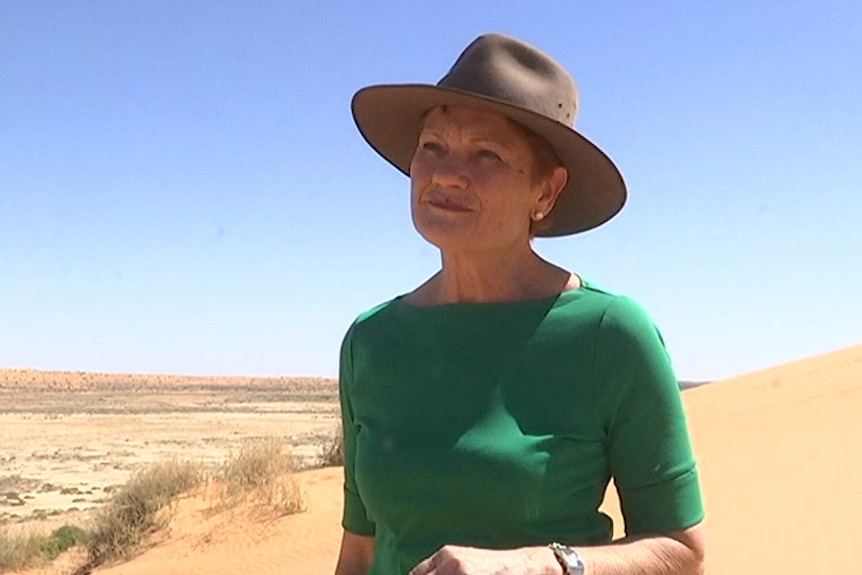 Pauline Hanson squints, wearing an Akubra-style hat, standing a sand dune with scrubby grass. She wears a green top.