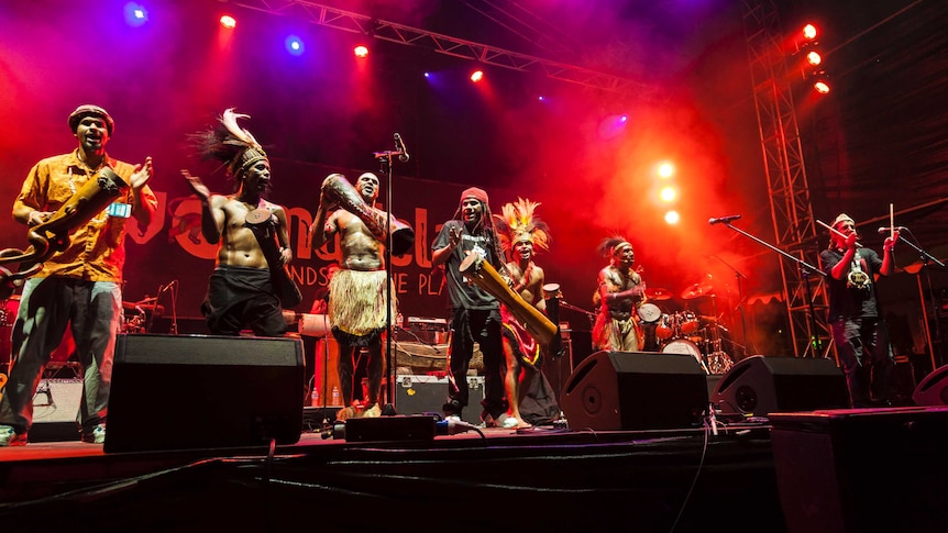 Colour photograph of a live on stage performance of Sorong Samarai at Womadelaide.