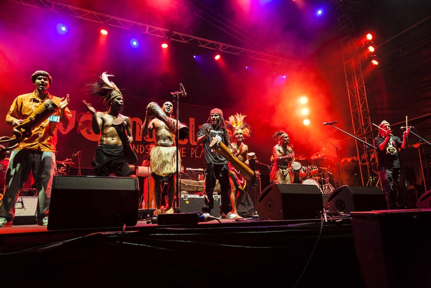 Colour photograph of a live on stage performance of Sorong Samarai at Womadelaide.