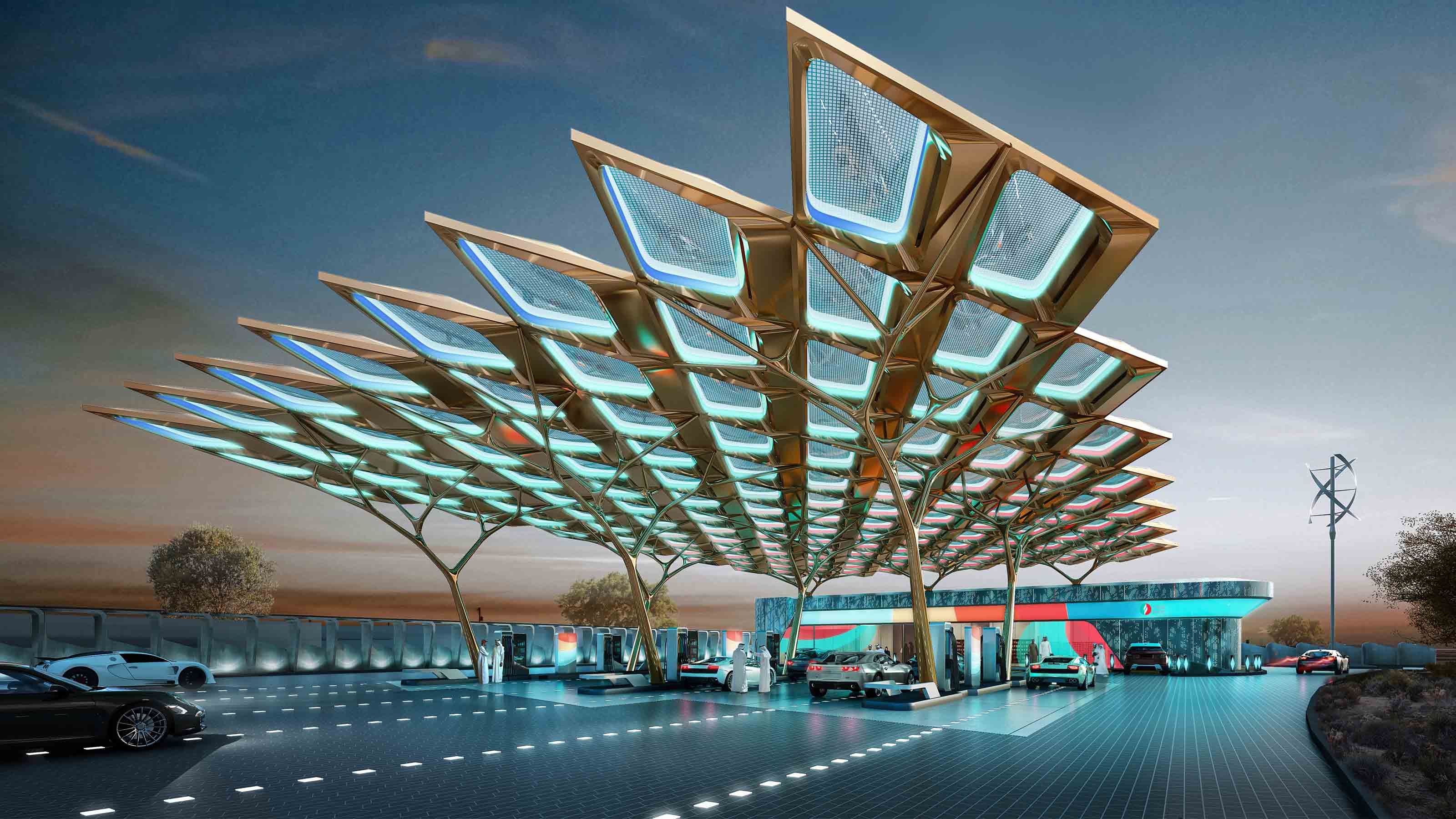 An artist's impression of a gleaming service station with a latticed forecourt roof