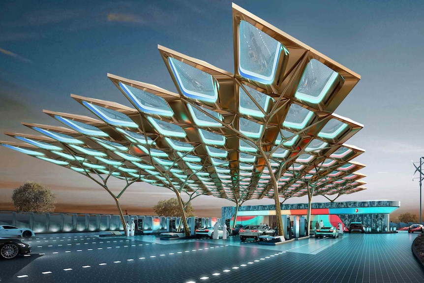 An artist's impression of a gleaming service station with a latticed forecourt roof
