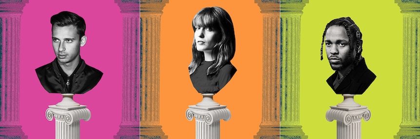 Flume, Florence Welch, and Kendrick Lamar presented in the style of Roman busts