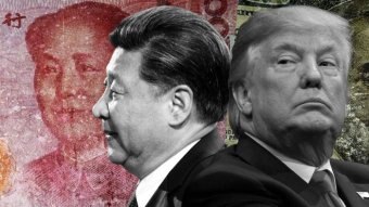 A graphic depicts Chinese currency, Xi Jinping and Donald Trump.