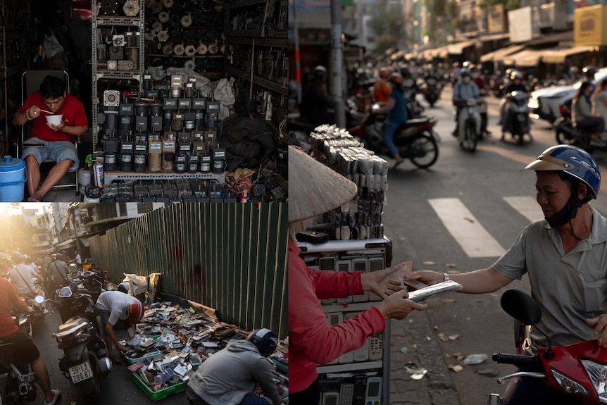 Three images of people working at Nhat Tao market.