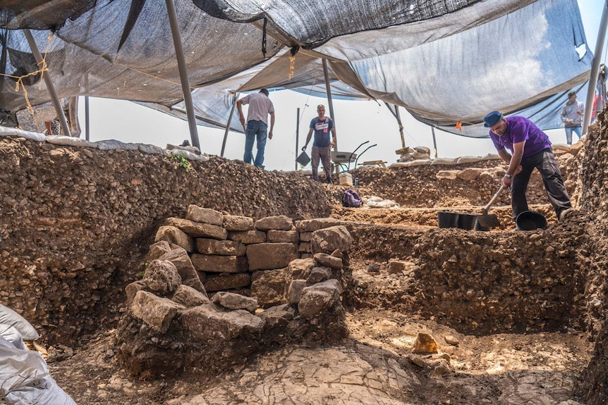 Men dig in marked out square spaces, uncovering a small stone structure.