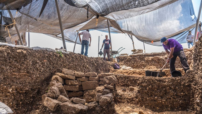 Men dig in marked out square spaces, uncovering a small stone structure.