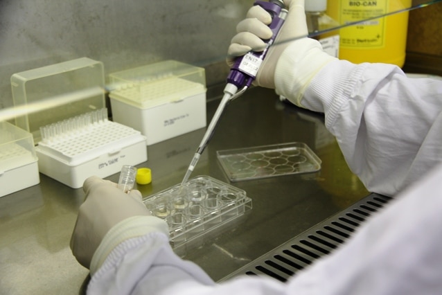 A person squirts a liquid into a test tube