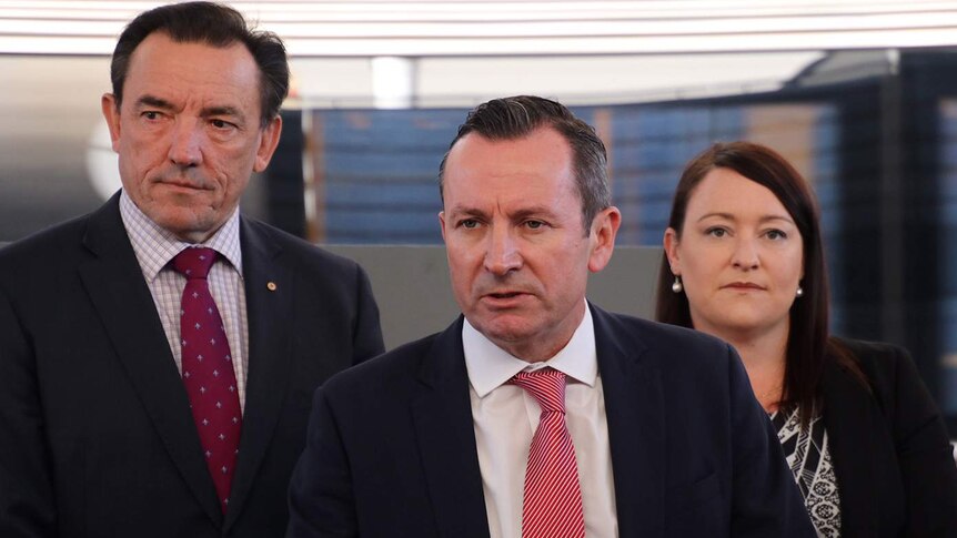 Housing Minister Peter Tinley, Premier Mark McGowan and Joondalup MP Emily Hamilton at a press conference.