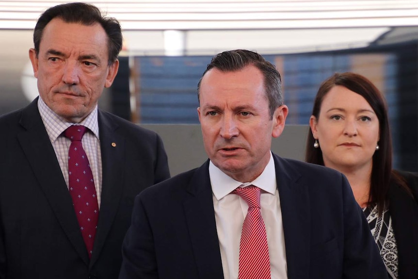 Housing Minister Peter Tinley, Premier Mark McGowan and Joondalup MP Emily Hamilton at a press conference.