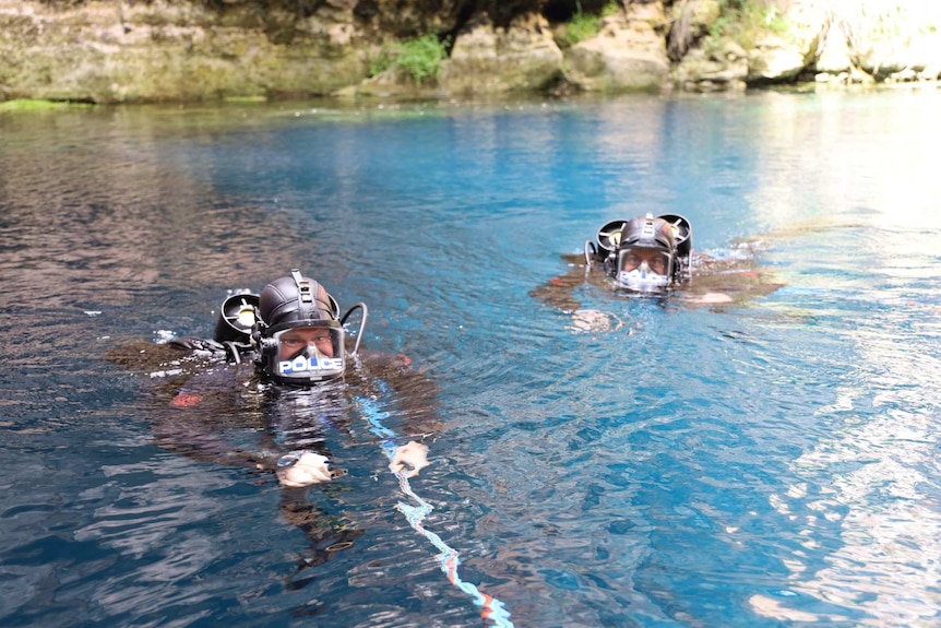 Two divers in wetsuits and masks swim in the water.  Blue and red spired ropes are connected to them.