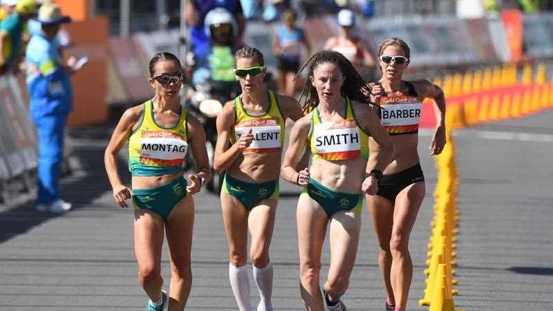 Jemima Montag, Claire Tallent, Beki Smith and Alana Barber compete in the women's 20 kilometre walk
