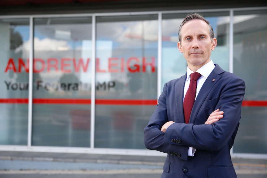 Andrew Leigh stand with crossed arms outside his office.