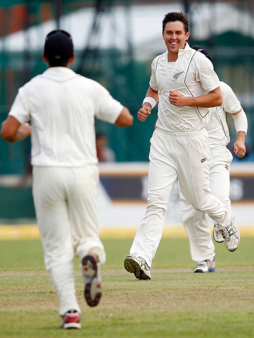 Got him ... Trent Boult celebrates the wicket of Sri Lanka captain Mahela Jayawardene