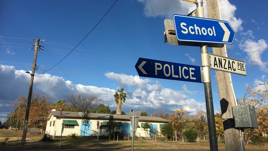 Street signs in Gwabegar pointing to the school and local police station.