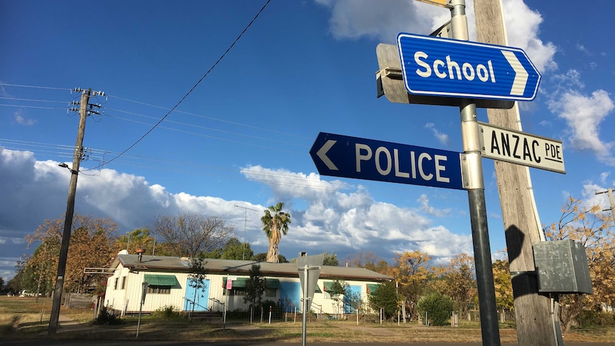 Street signs in Gwabegar pointing to the school and local police station.